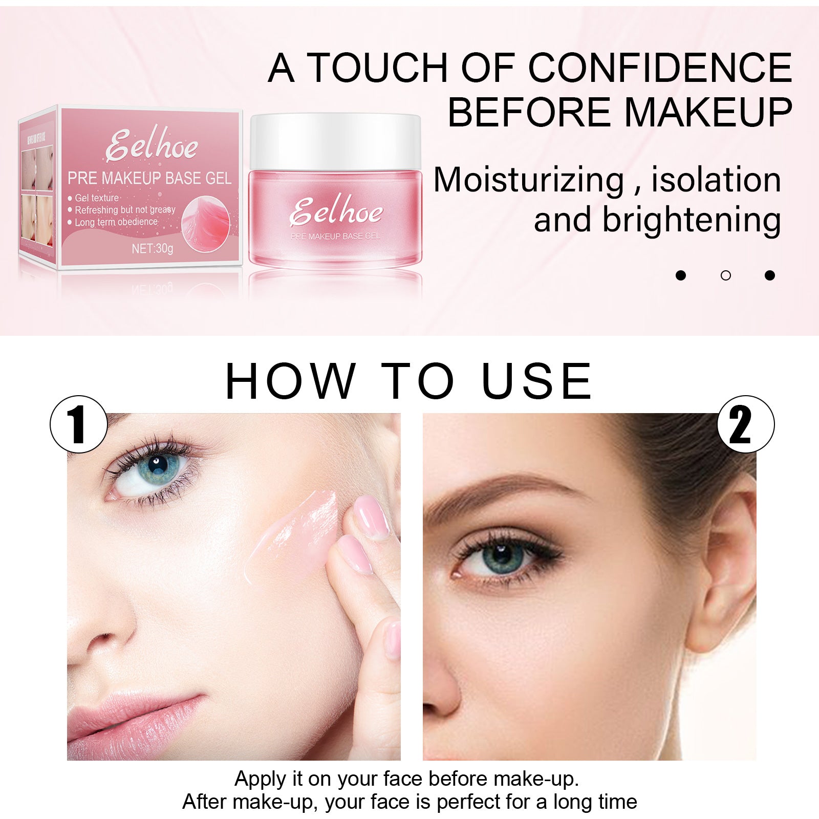 EELHOE pink makeup base gel jar and box, showing application on skin with before and after results.