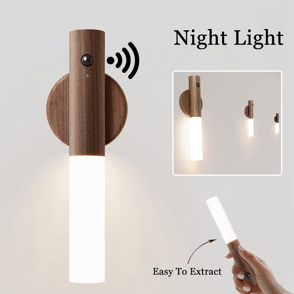 Magnetic wood LED night light with motion sensor. Minimalist wall-mounted design with detachable, rechargeable light.