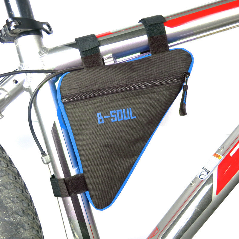 Black triangular bike frame bag with blue trim, B-Soul logo, and velcro straps attached to a silver bicycle frame.