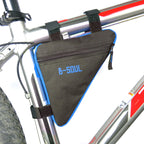 Black triangular bike frame bag with blue trim, B-Soul logo, and velcro straps attached to a silver bicycle frame.