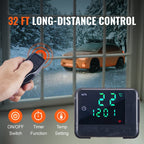 Hand holding a remote control for a diesel heater. Includes a black digital display unit with green LED numbers.