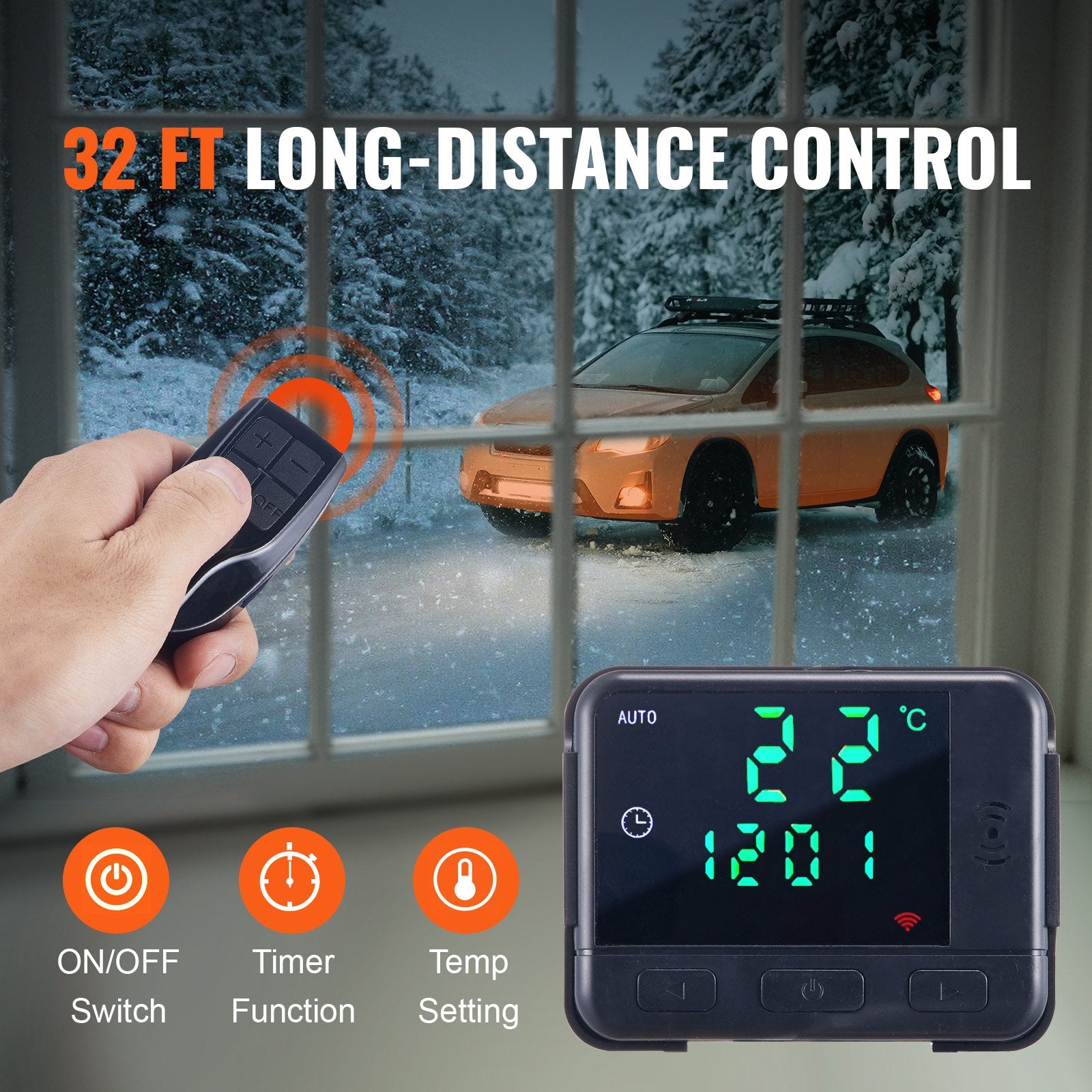 Hand holding a remote control for a diesel heater. Includes a black digital display unit with green LED numbers.