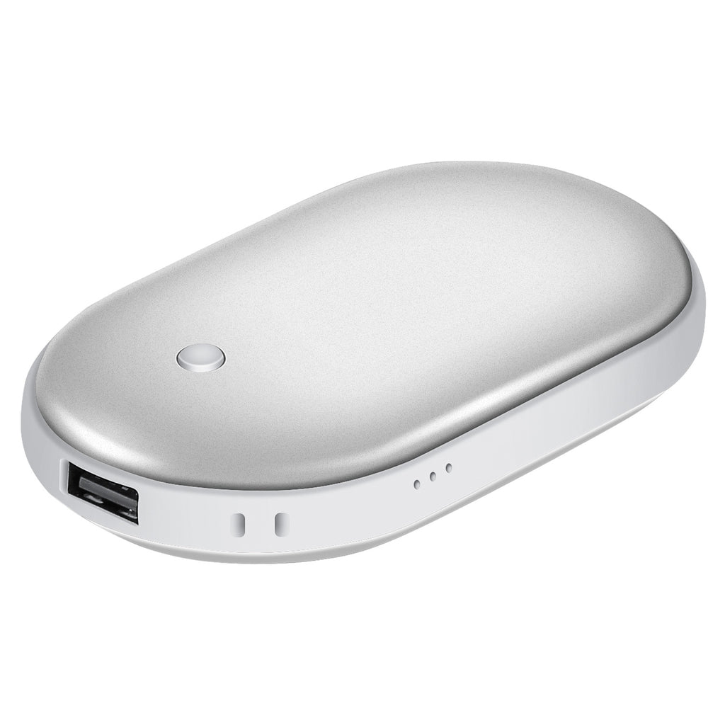 Oval, silver and white portable hand warmer with a power button, USB port, and status indicator lights.