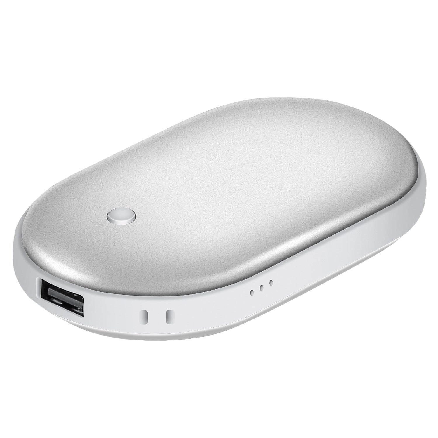 Oval, silver and white portable hand warmer with a power button, USB port, and status indicator lights.