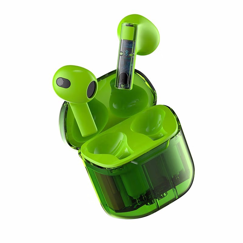 Lime green TWS wireless headphones with a transparent charging case, showcasing internal tech and a digital display.