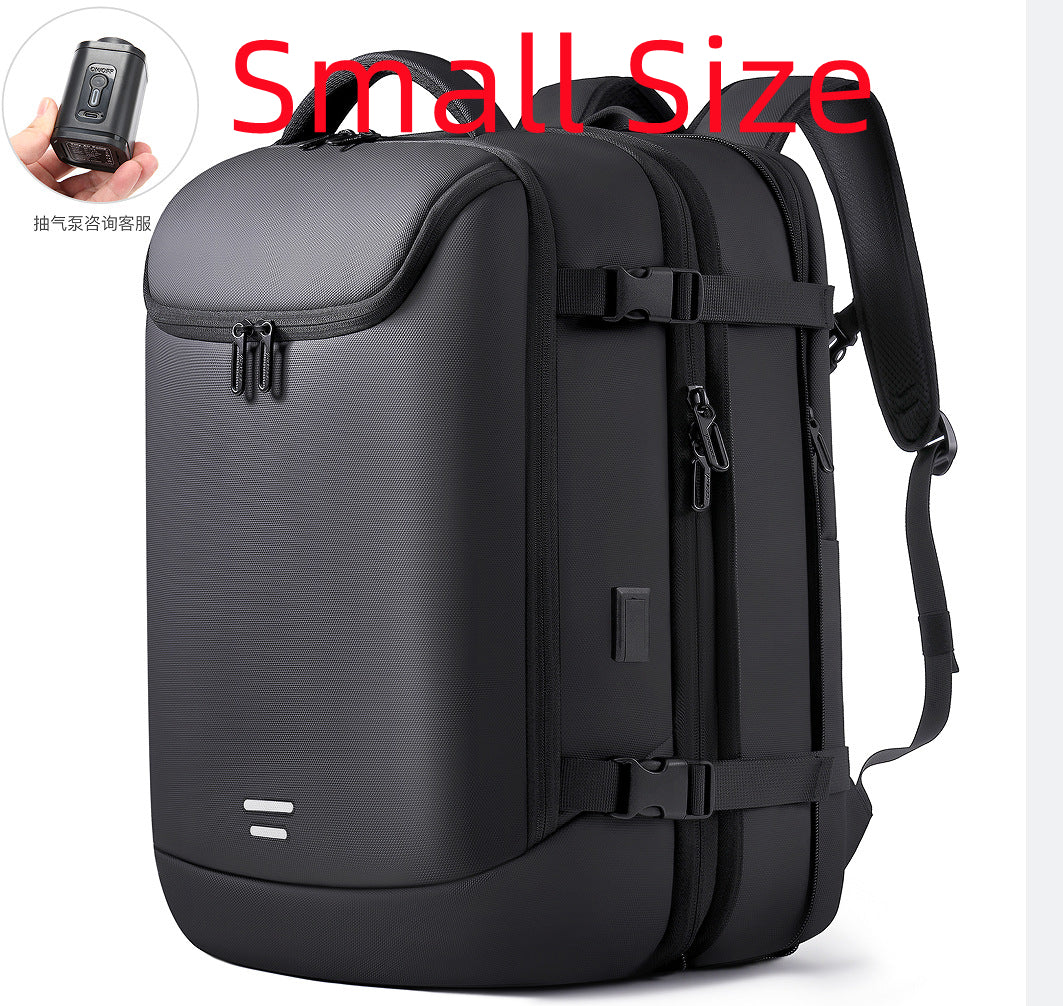 Black multifunctional vacuum compression backpack with side buckles, sleek material, and an included vacuum pump.
