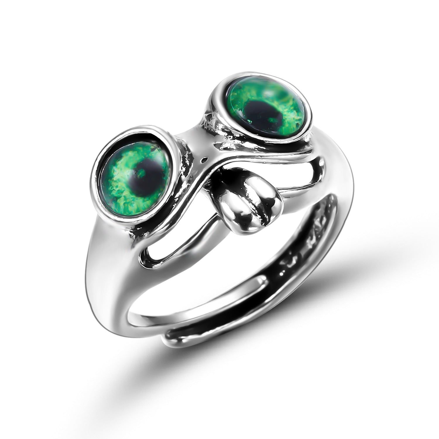 Silver-tone hip hop frog ring featuring two prominent green, realistic glass frog eyes and a cut-out band design.