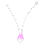 Pink and clear plastic baby nasal aspirator with two transparent tubes, a collection chamber, and a soft nose tip.