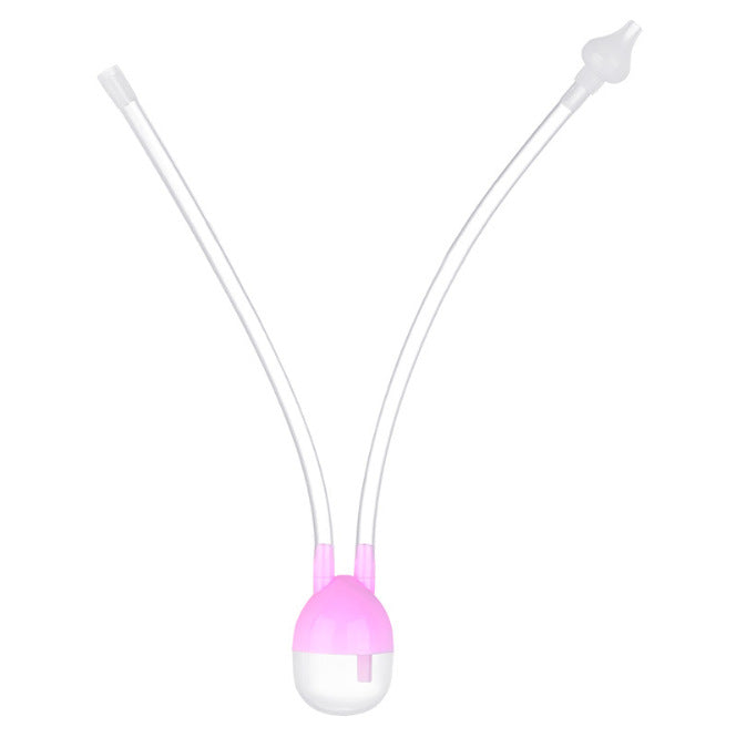 Pink and clear plastic baby nasal aspirator with two transparent tubes, a collection chamber, and a soft nose tip.