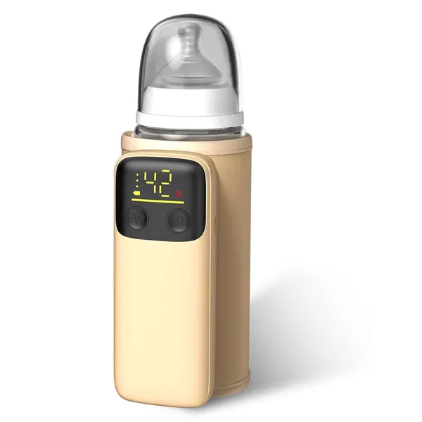 Beige portable bottle warmer with digital display, heating level settings, and a clear baby bottle.