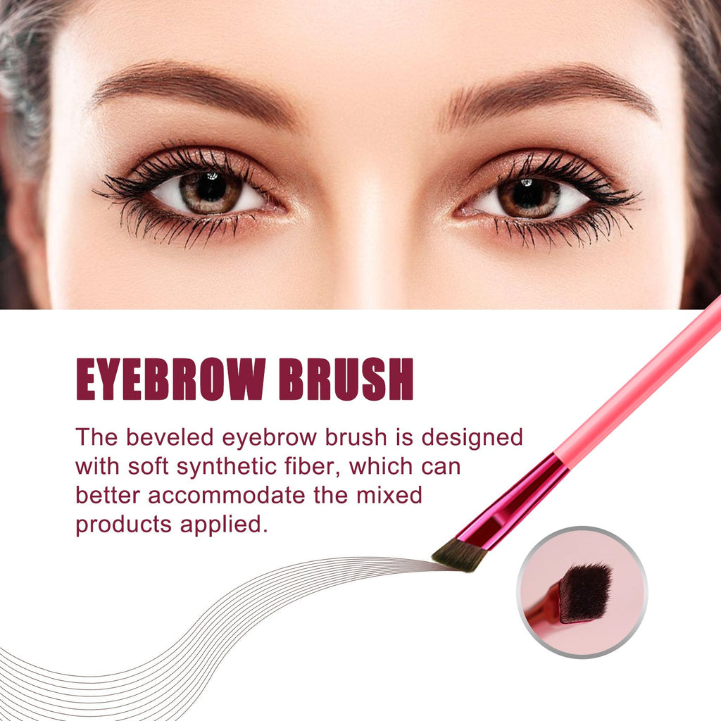 Close-up of a pink-handled, beveled synthetic fiber eyebrow brush against a model's face, demonstrating application.