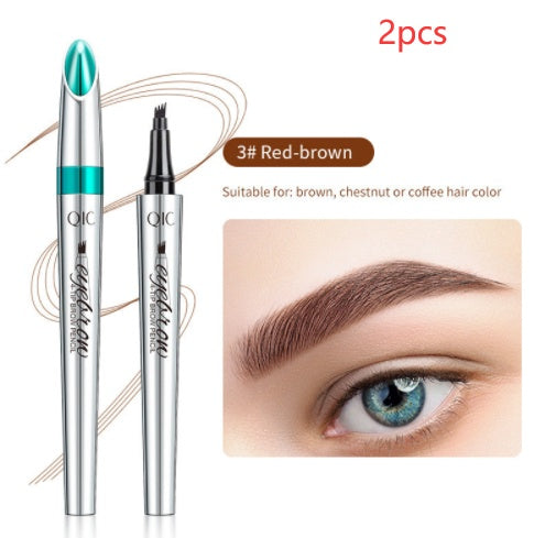 Two silver QIC four-prong liquid eyebrow pens in 3# Red-brown, shown with a filled-in eyebrow application example.