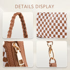 Details of a brown and white woven vegan leather hobo bag, showing a braided handle, zipper, and gold hardware.