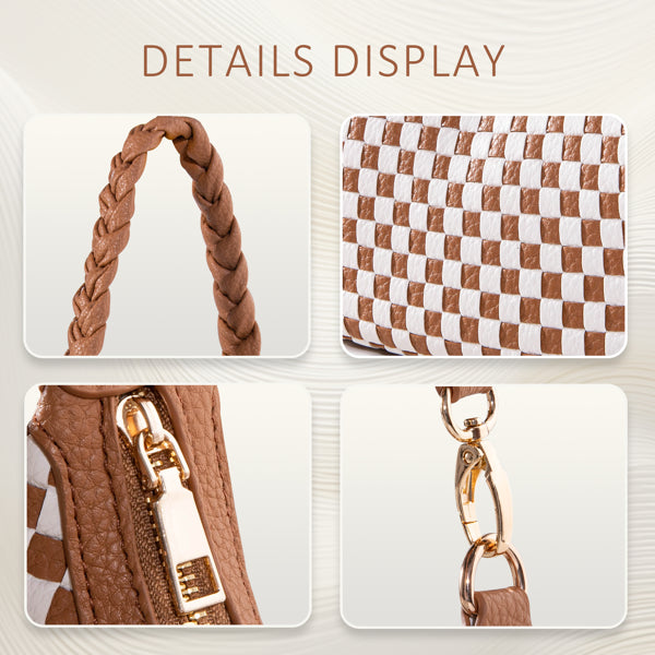 Details of a brown and white woven vegan leather hobo bag, showing a braided handle, zipper, and gold hardware.