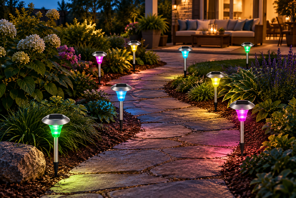 8-pack solar pathway lights in a backyard