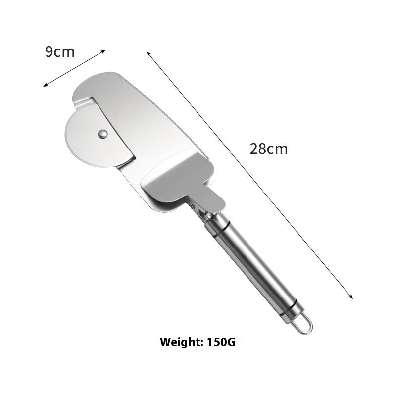 Silver stainless steel 3-in-1 pizza cutter with rolling blade, serrated edge, spatula, and hanging loop at the handle.