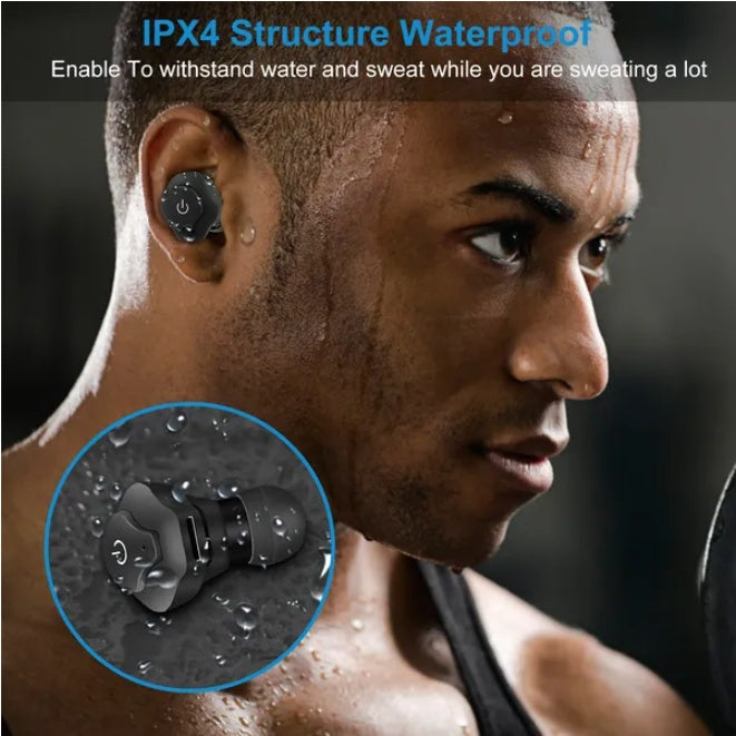 Sweaty man wearing black, IPX4 waterproof in-ear headphones with a power icon button. Close-up view in a blue circle.