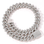 Iced-out silver Cuban link chain necklace fully paved with sparkling white cubic zirconia stones.