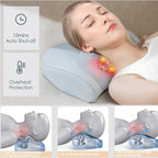 A light blue, mesh-covered neck massager with heat functions, used by a relaxed woman, showing massage nodes.