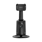 Black 360-degree auto face-tracking gimbal with a phone clamp, camera lens, and circular base for vlogging.