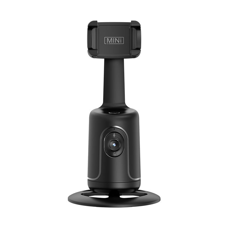 Black 360-degree auto face-tracking gimbal with a phone clamp, camera lens, and circular base for vlogging.