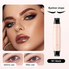 Model with winged eyeliner, next to a pale pink dual-ended black stamp eyeliner pen and before/after close-ups.