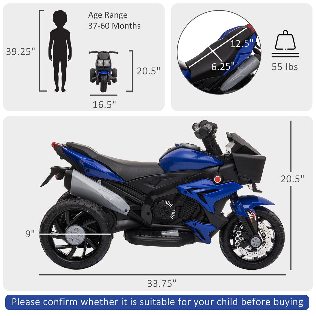 Blue 6V electric ride-on toy motorcycle for kids, featuring three wheels, black seat, and detailed product dimensions.