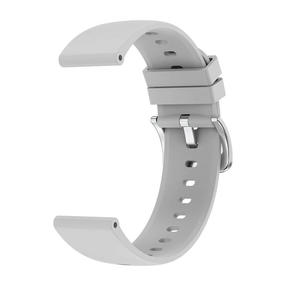 A plain, light gray silicone smartwatch replacement strap with a silver metal buckle, shown against a white background.