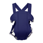Navy blue breathable fabric baby carrier with padded shoulder straps, adjustable buckles, and a structured seat.