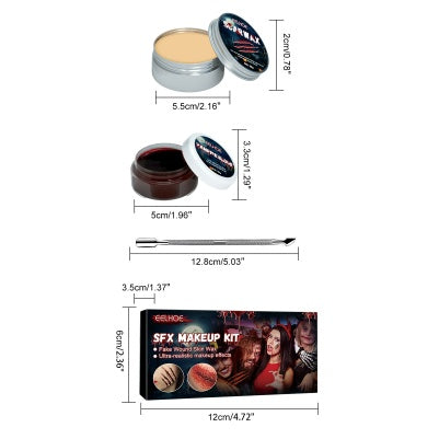 SFX makeup kit with skin wax, fake blood, metal spatula, and packaging, displayed with labeled dimensions.