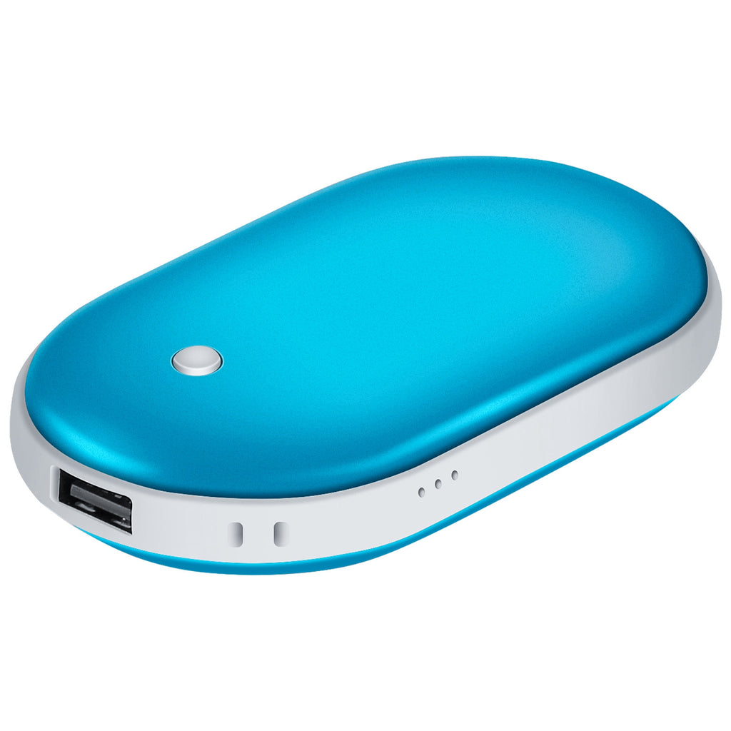 Oval blue and white portable hand warmer with a metallic finish, power button, USB port, and indicator lights.