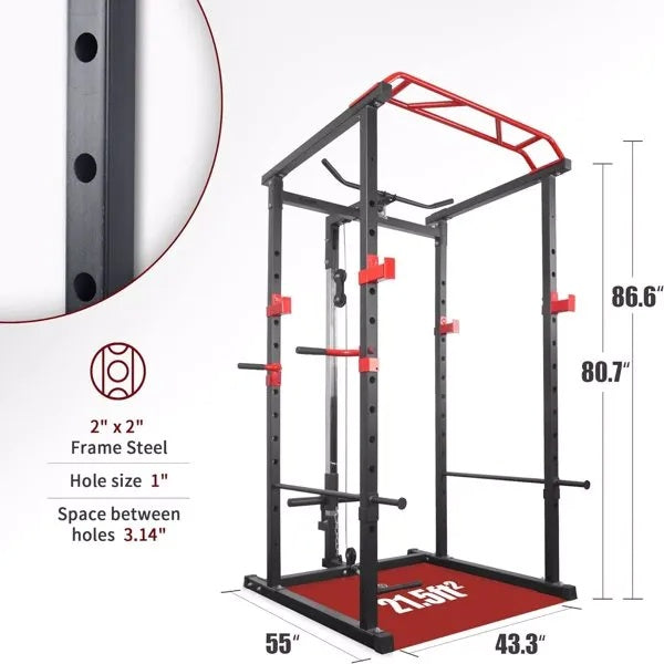 Black steel power cage with red accents, pull-up bar, adjustable squat rack, and cable system, with dimension labels.