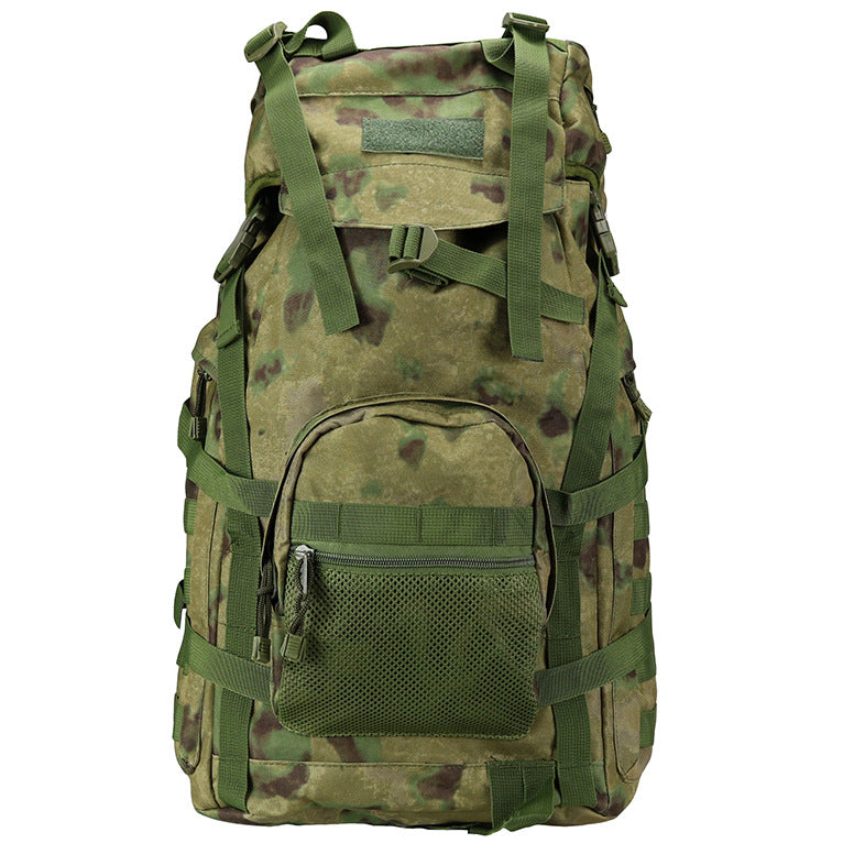 A 60L green camouflage tactical backpack with multiple straps, buckles, and a front mesh zippered pocket.