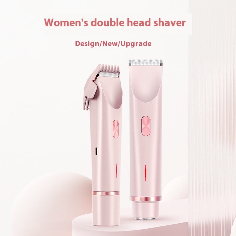 Two light pink, double-headed electric hair trimmers with rose gold accents and metal blades on a matching stand.