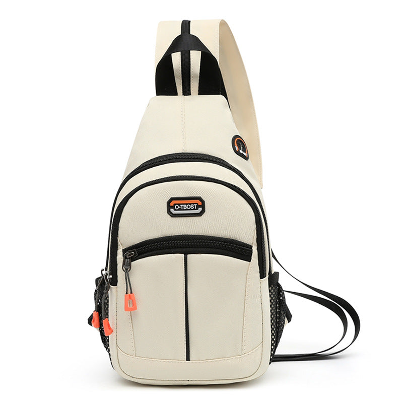 Off-white multifunctional sling backpack with black trim, orange accents, O-TBOST patch, and USB port feature.