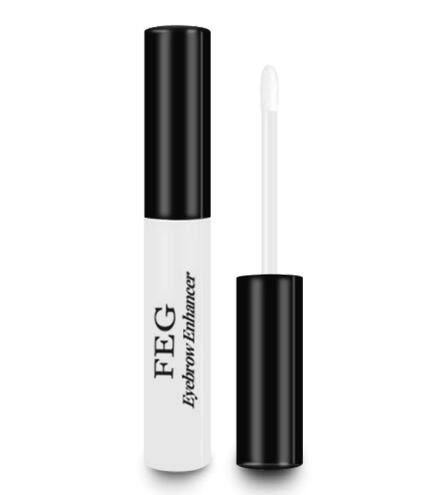 FEG eyebrow growth serum tube with black cap and white body, featuring an open applicator wand with a white tip.