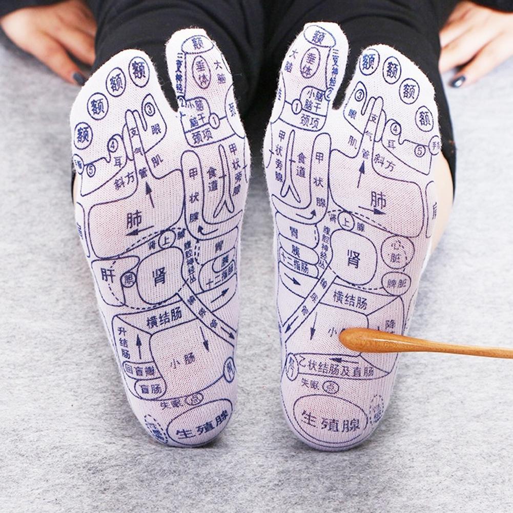 White reflexology socks with black printed acupuncture charts and a wooden massage tool pressing the sole.