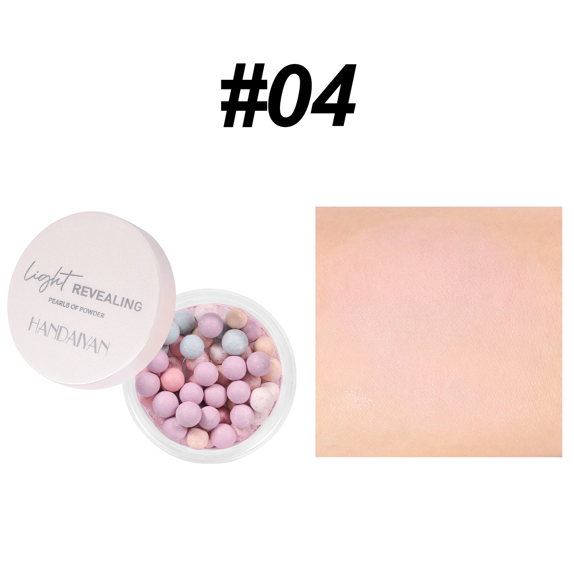Handaiyan #04 loose powder balls in a container with a white lid, showing pastel-colored pearls and a skin swatch.