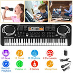 Black 61-key electronic keyboard with a display screen, speakers, microphone, and various rhythm and tone controls.