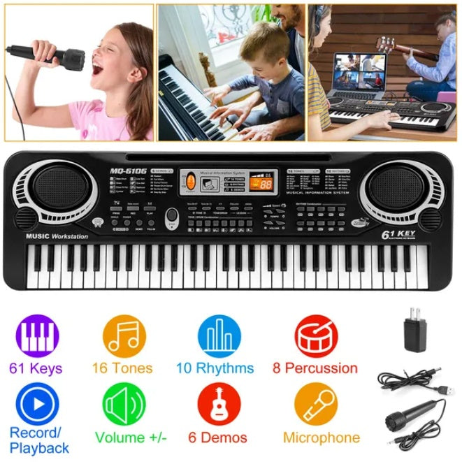 Black 61-key electronic keyboard with a display screen, speakers, microphone, and various rhythm and tone controls.