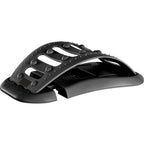 Black plastic lumbar back stretcher device with an arched, textured design and massage nodes for spinal pain relief.