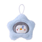 Soft, blue, star-shaped plush hand warmer with an embroidered penguin face and a small hanging loop.