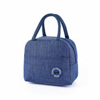 Blue cationic waterproof thermal lunch bag with sturdy handles, zippered top, and a circular insulation logo patch.