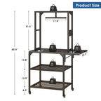 Black metal 3D printer stand with wheels, filament rack, and multiple storage shelves, showing dimensions and load icons.