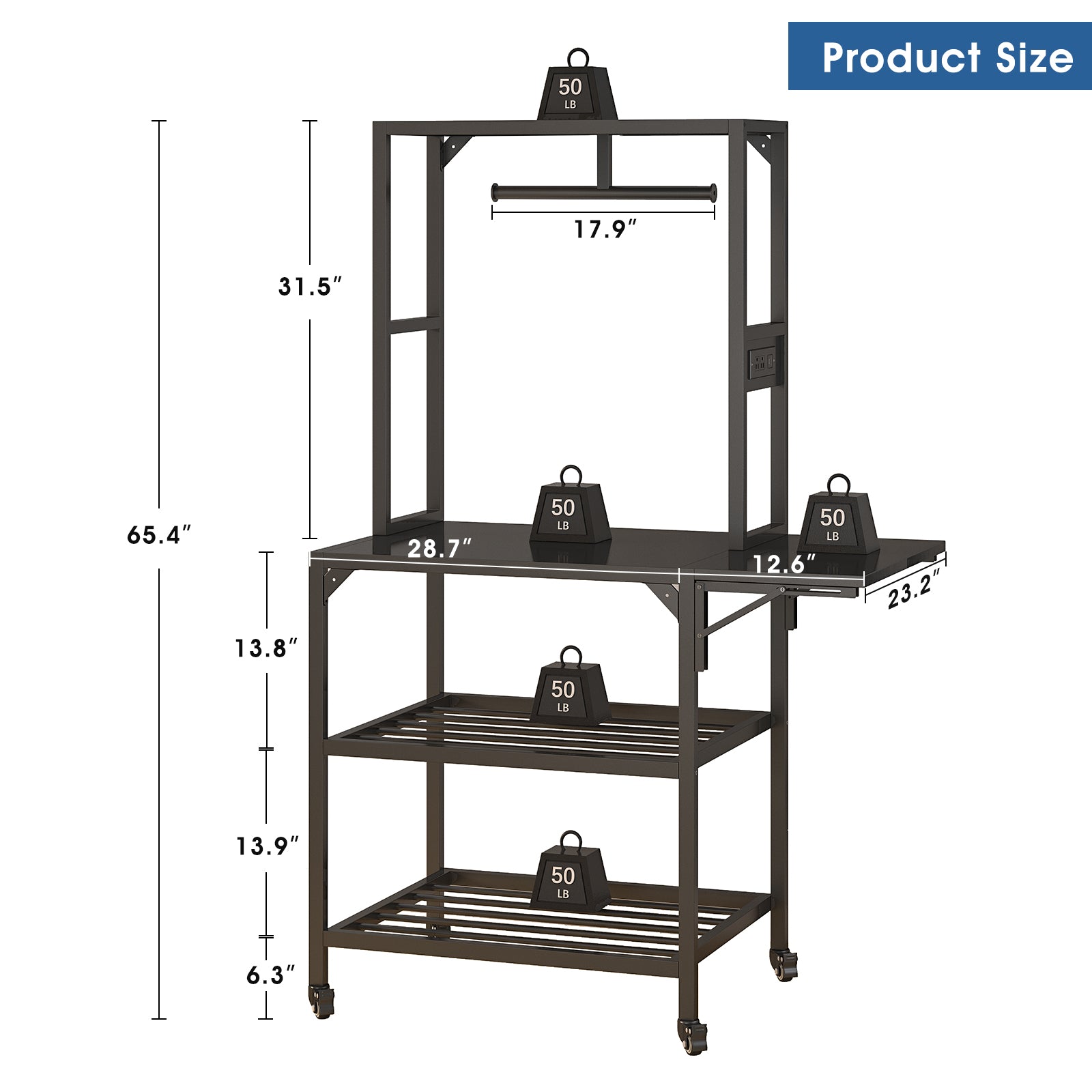 Black metal 3D printer stand with wheels, filament rack, and multiple storage shelves, showing dimensions and load icons.