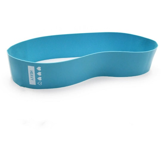 A blue elastic rubber resistance band for fitness, labeled "HEAVY" with four heart icons on a white background.