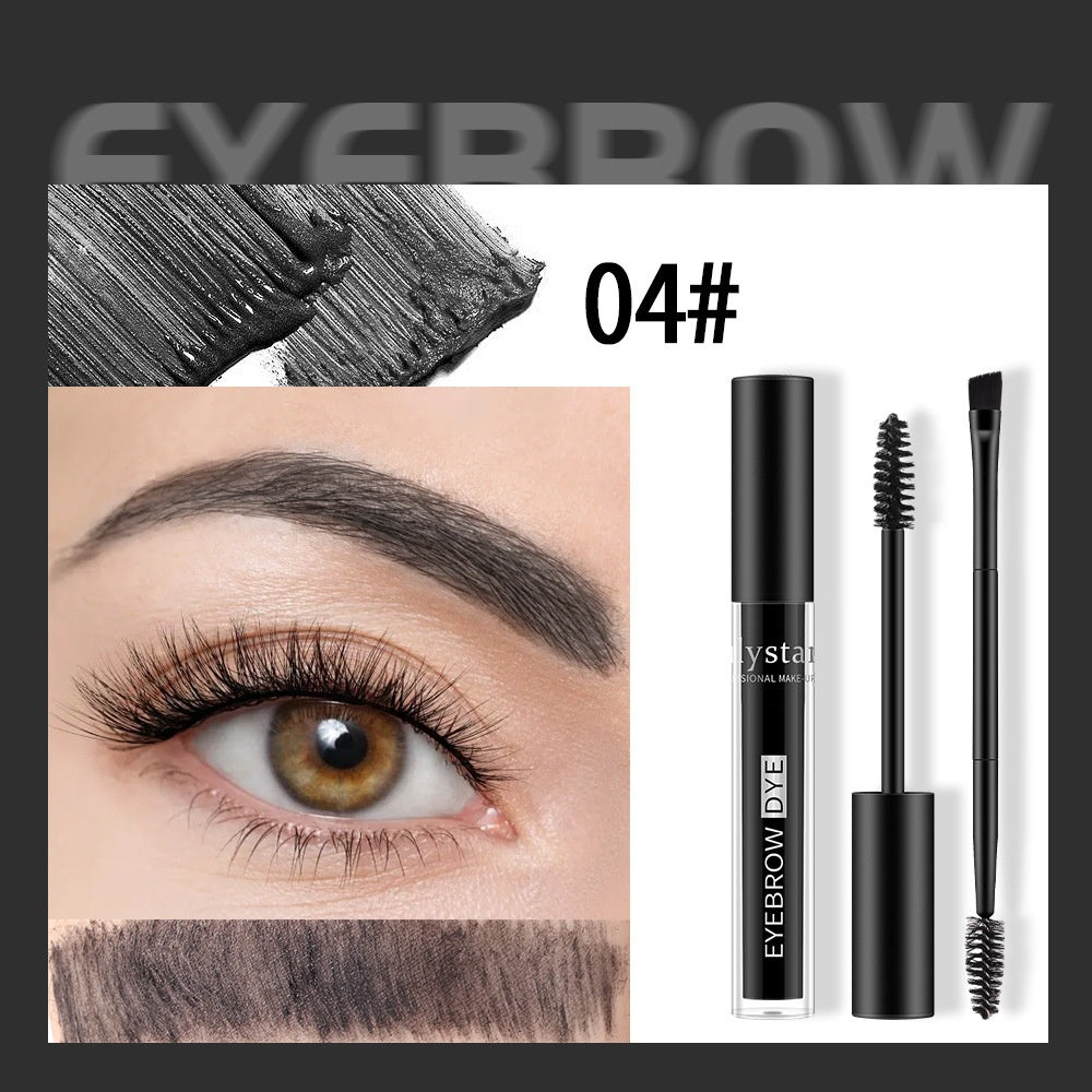Black liquid eyebrow dye tube and double-ended brush, with swatches and a model showing natural, defined brows.