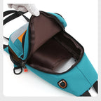 Teal nylon multifunctional bag with orange accents, black mesh pocket, USB port, and brown interior lining.