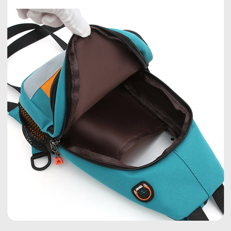 Teal nylon multifunctional bag with orange accents, black mesh pocket, USB port, and brown interior lining.