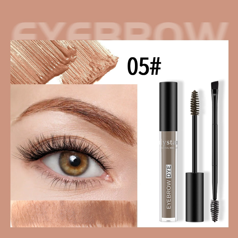 Light brown eyebrow dye, spoolie, and angled brush set with an eye model showing natural, shaped brows in shade 05.